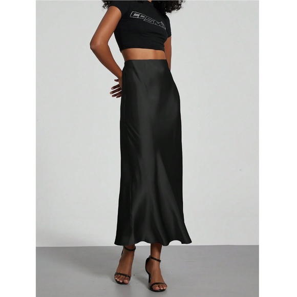 Black Satin A-Line Skirt High Waisted Long - Picture 5 of 12